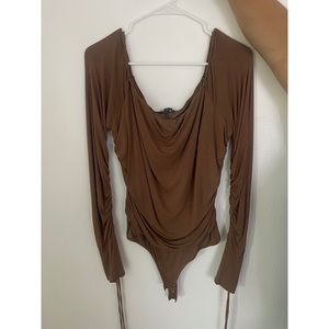 Cater To Me Off Shoulder Bodysuit in Mocha by Fashion Nova